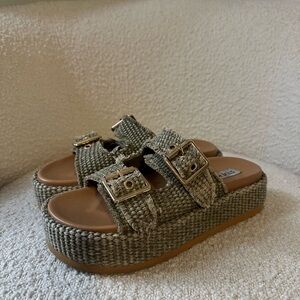 Steve Madden Woven Platform Slide Sandals in Olive Green with Gold Buckles